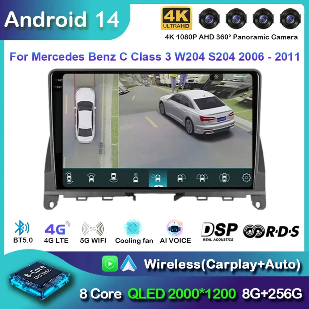 

Android 14 для Mercedes Benz C Class 3 W204 S204 2006 2007 2008 2009 - 2011 Heda блок QLED автомобильное радио стерео Carplay Авто WIFI