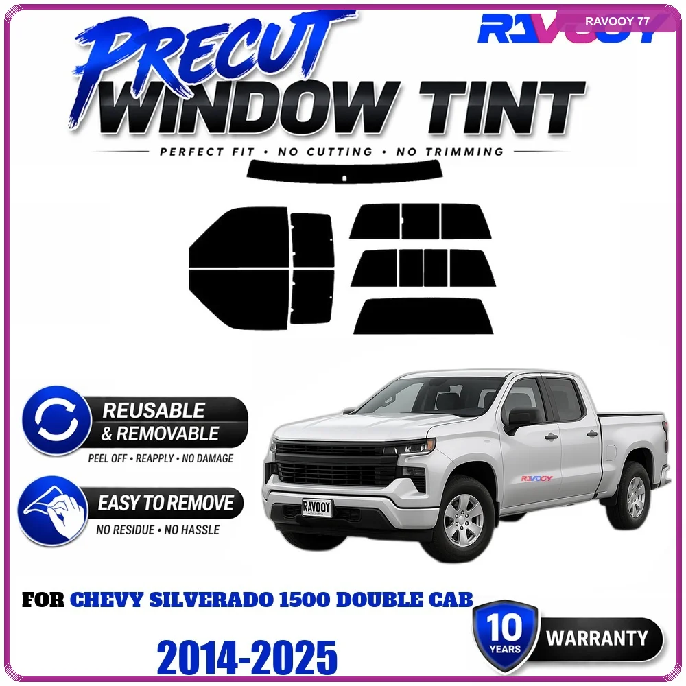 Precut Window Tint, Reusable Removable EPU Film, Custom Fit for Chevy Silverado 1500 Double Cab 2014-2025, UV Heat Protection