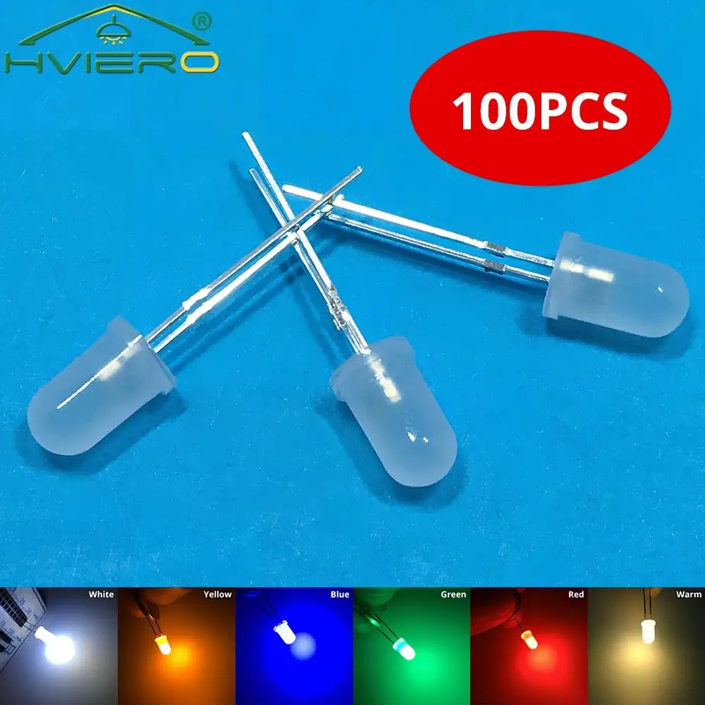 100pcs 5mm Round Diffused White Red Green Blue Yellow Warm Lightemitting Diode 2pin LED 6000~6500K Bulb Light Diodes Lamp 3V