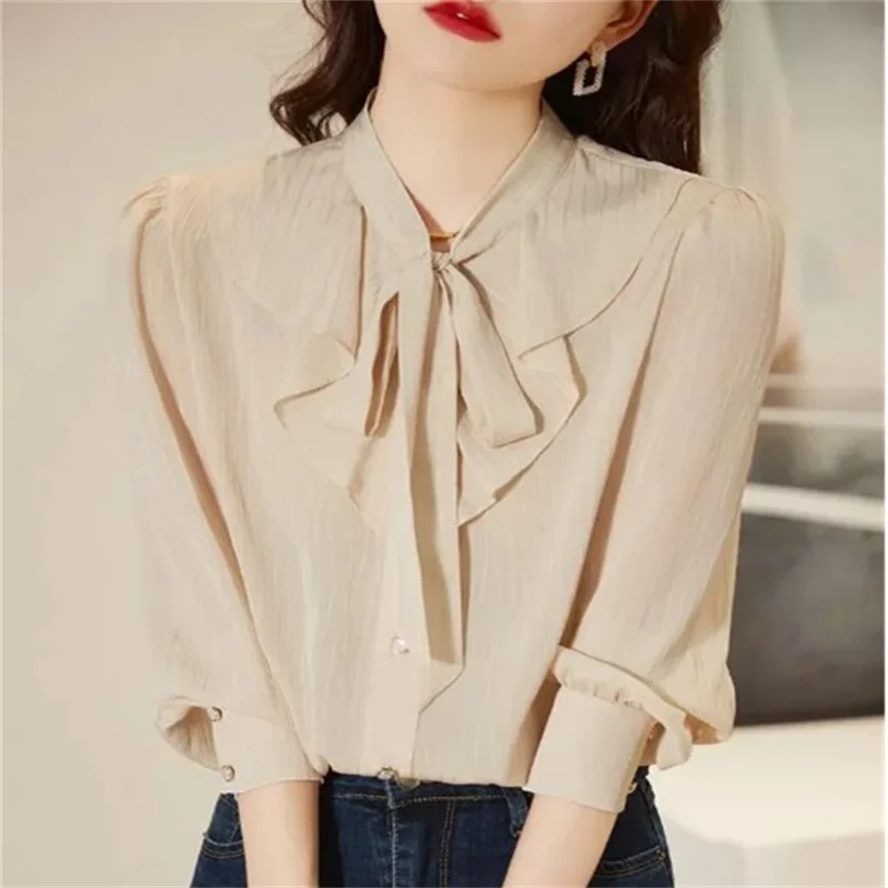 Lace Up Top Fashion Blouses Bow Women Shirts Long Sleeve Women's Clothes Blouse OL Leading Shirt Professional Women's Shirt