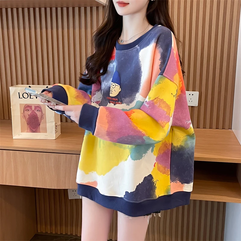 Early autumn design sense niche hoodie women spring autumn 2024 new Korean version of loose large size small tie-dye top