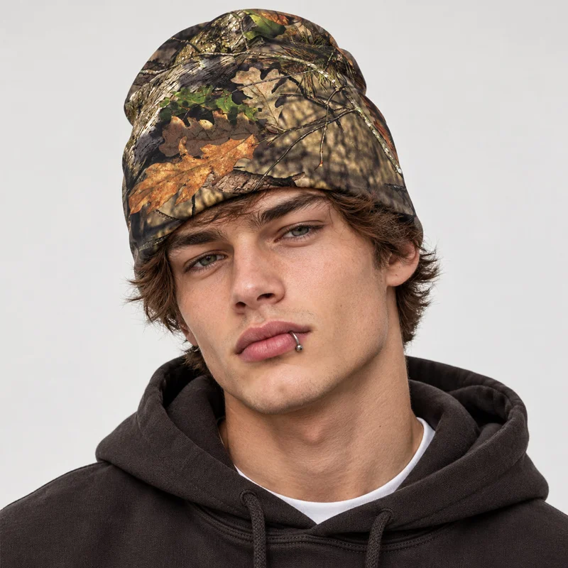 Men Women Forest Camo Leaf Print Beanie Vintage Real Tree Pattern Stretchy Thin Skull Cap Streetwear Outdoor Hunting Hat