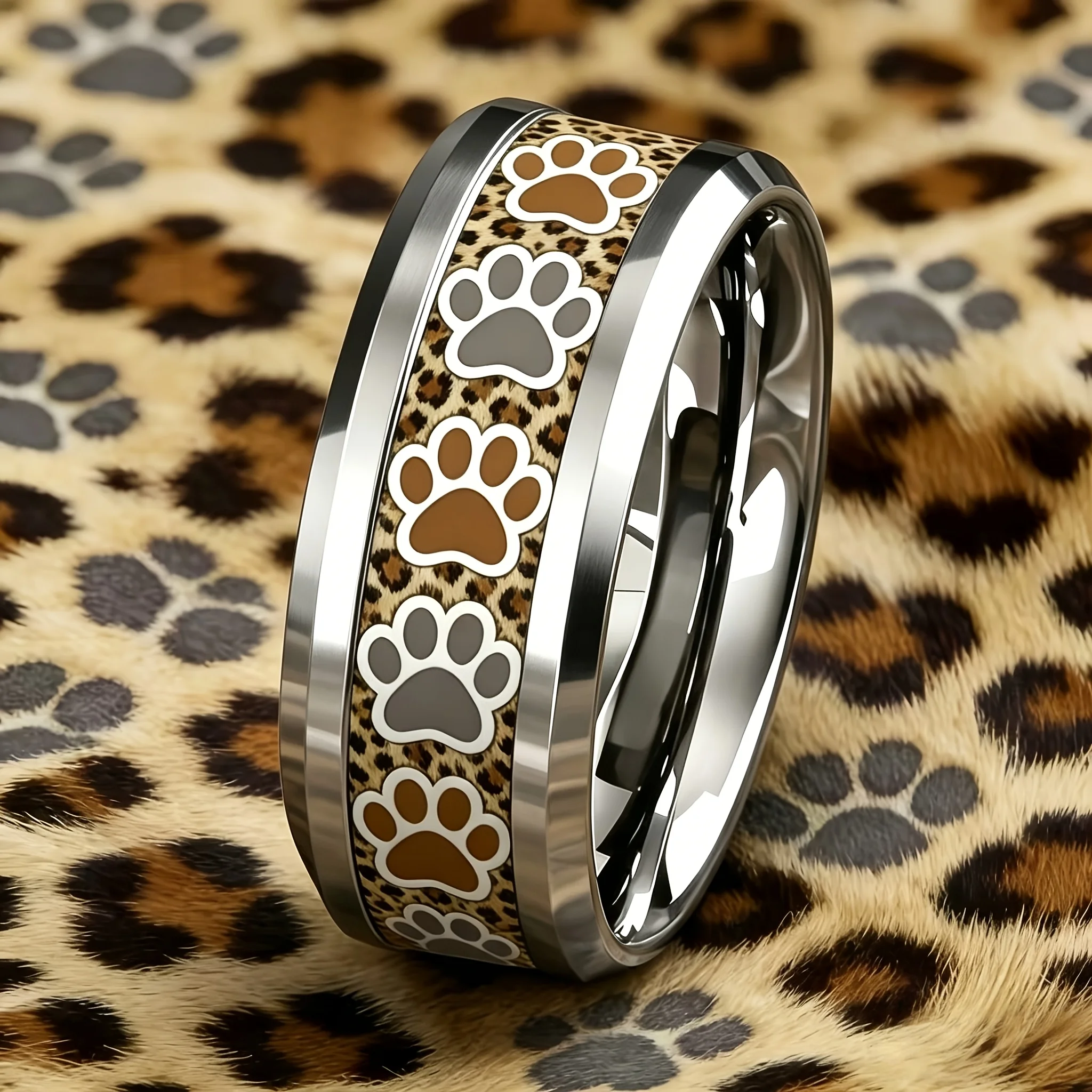 Cute Leopard Print & Cat Paw Pattern Ring Fashion Stainless Steel Rings For Women Men Wedding Band Jewelry Gift For Pet Lover's