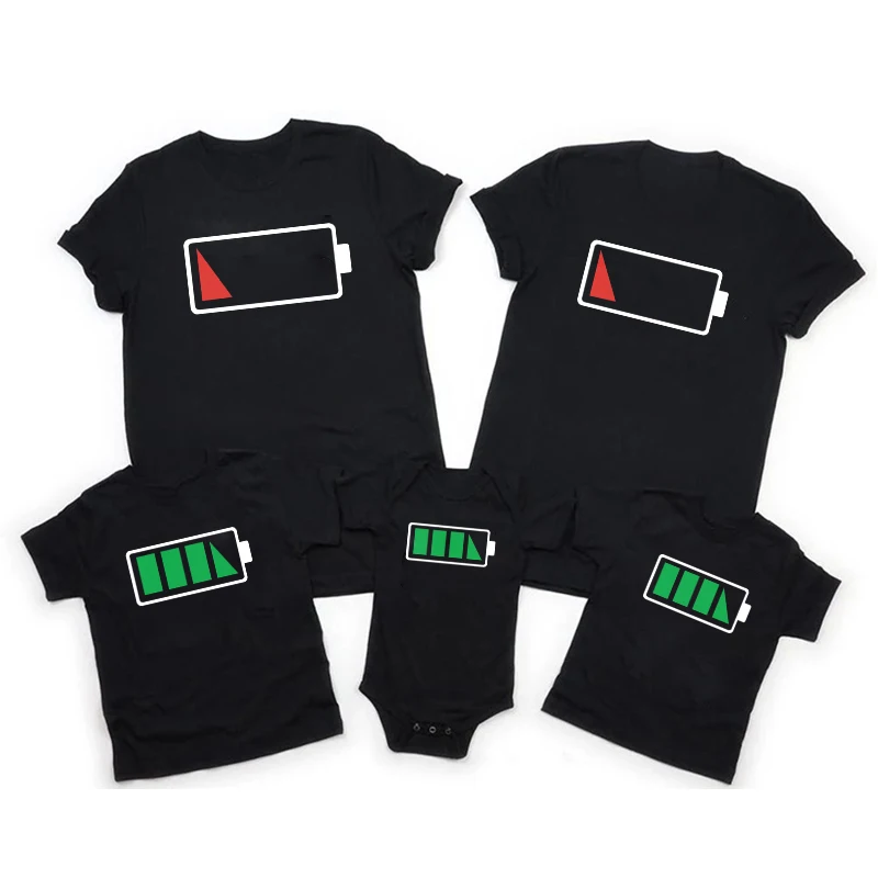 Funny Battery Print Family T Shirt Daddy Son Family Matching T-shirts Parent-child Family Clothes Kids Casual Tops Tee