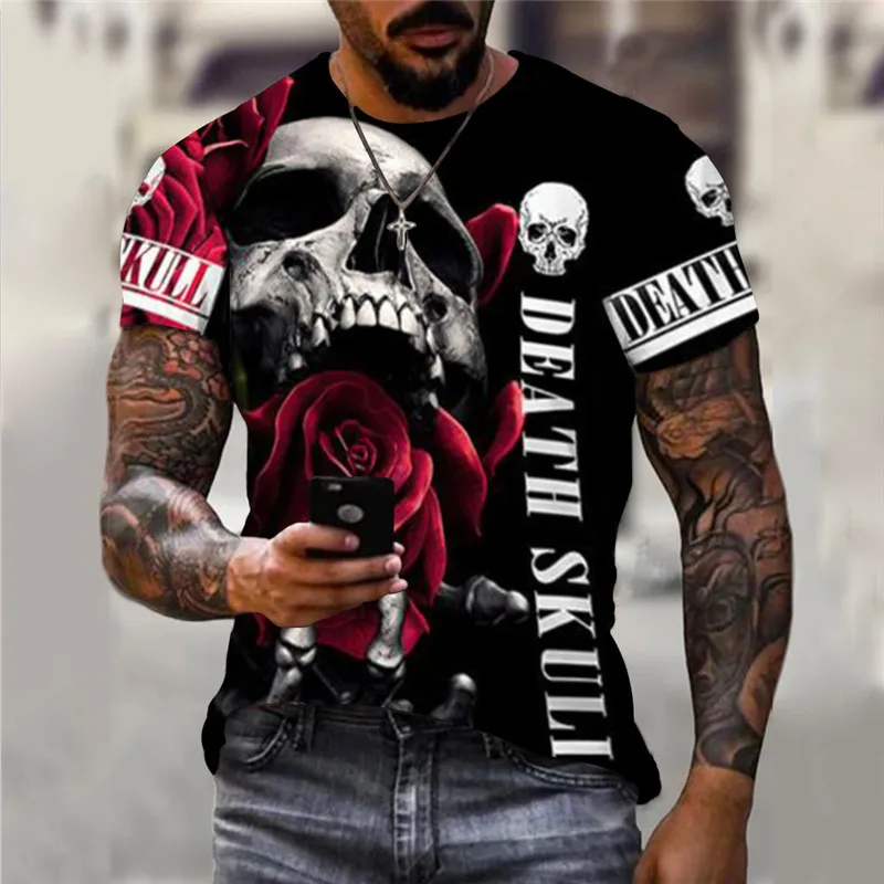 Horror Skulls 3D Fashion Printed Men T-Shirts Short Sleeve Death Skull Letter Gothic T Shirt 6XL Plus Size Loose Casual Tops Tee