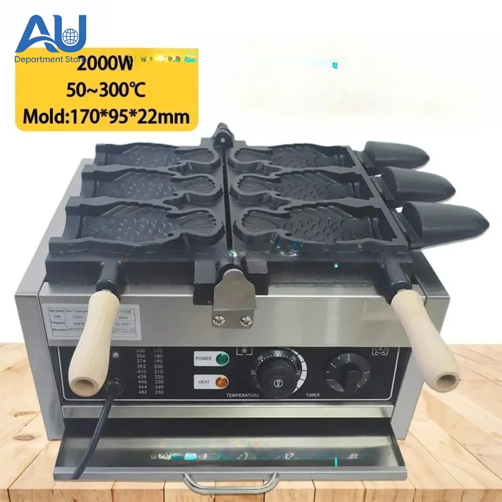 Electric Taiyaki Maker Fish Shaped Waffle Ice Cream Cone Machine 3Pcs Non-Stick