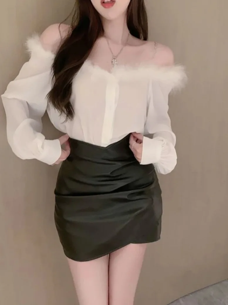 

Luxury Faux Fur Off Shoulder White Shirt Women Backless Chain Straps Sexy Basic Blouse Female Button Up Aesthetic Top