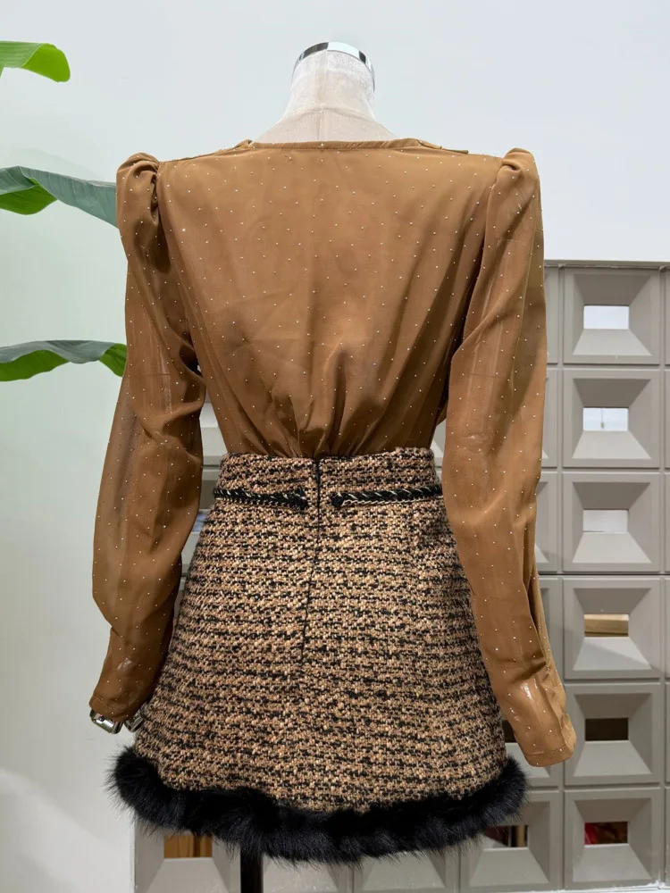 เสื้อชีฟองตาข่ายลายจุดแฟชั่นสำหรับผู้หญิง DFDG คอลเลคชั่นฤดูใบไม้ผลิ/ฤดูร้อน 2025 คอวีแบบผูกเอว แขนยาว จับจีบ