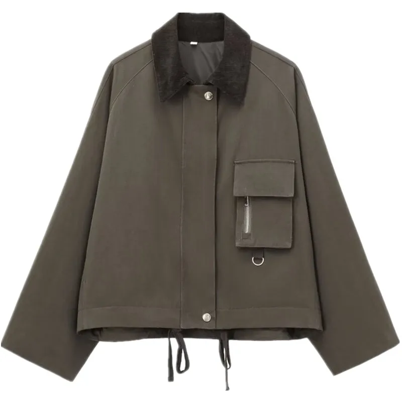 Cappotto Jaet in pelle cerata con colletto in velluto a coste versatile Faion da donna autunno inverno Nuovo arrivo 2024 Vestibilità ampia Lunghezza regolare