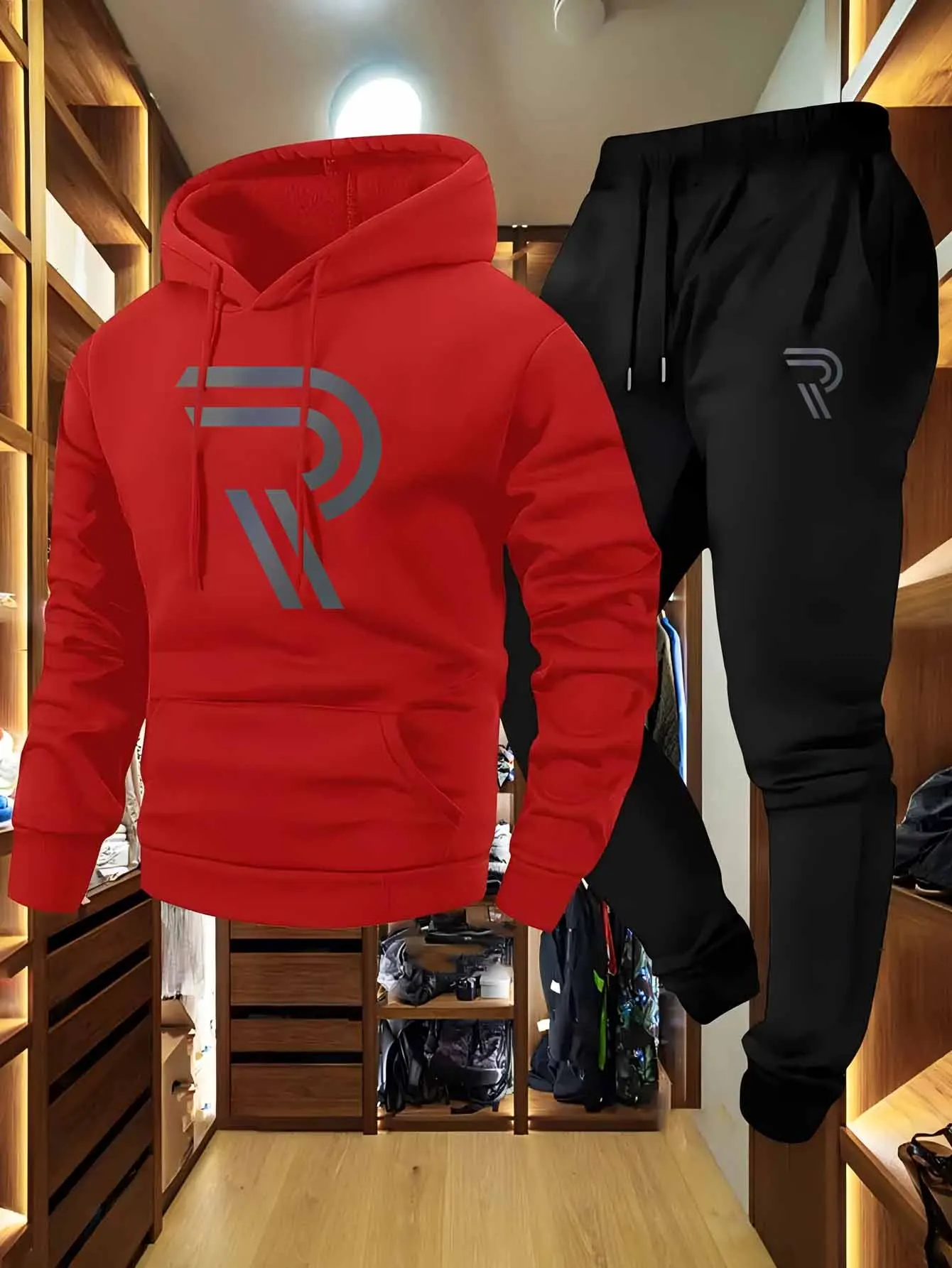 Men's Sporty Two-Piece Set Hoodie And Pants Gray Black Logo Non-Stretch Regular Fit with Pockets for Fall_Winter tracksuit men