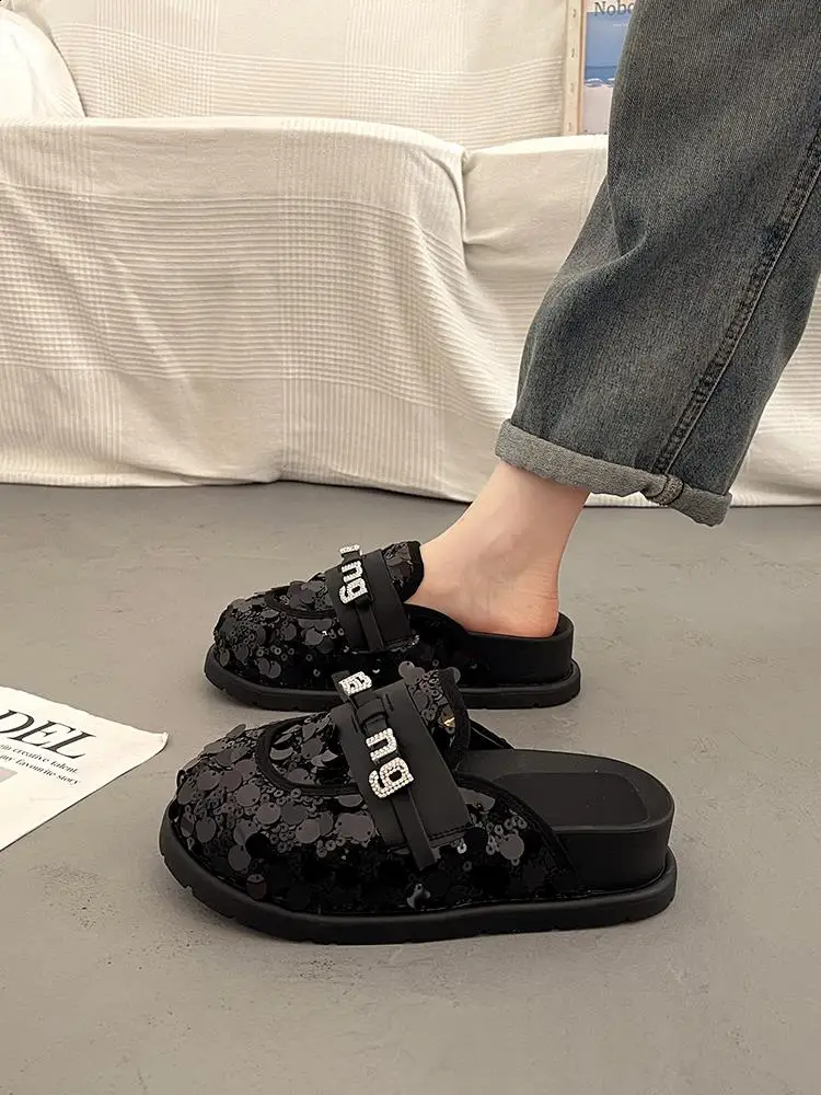 Mules For Women 2024 Shoes Loafers Ladies' Slippers Cover Toe Pantofle Platform Low New Rome Fabric Rubber PU Slides Hoof Heels