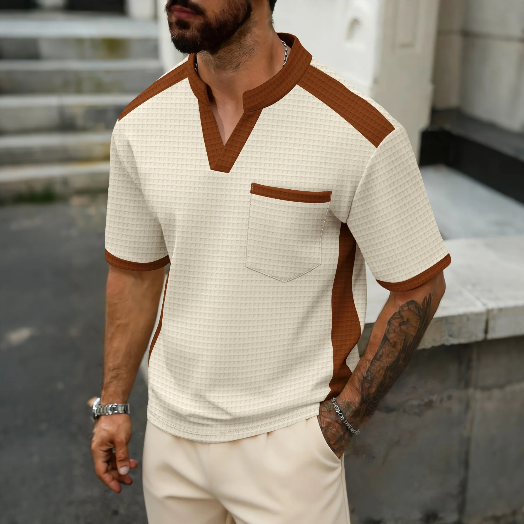 

Vintage Waffle Plaid Textured T Shirts Mens Spring Summer Casual Short Sleeve Stand Collar Tops Men Fashion Patchwork Polo Shirt