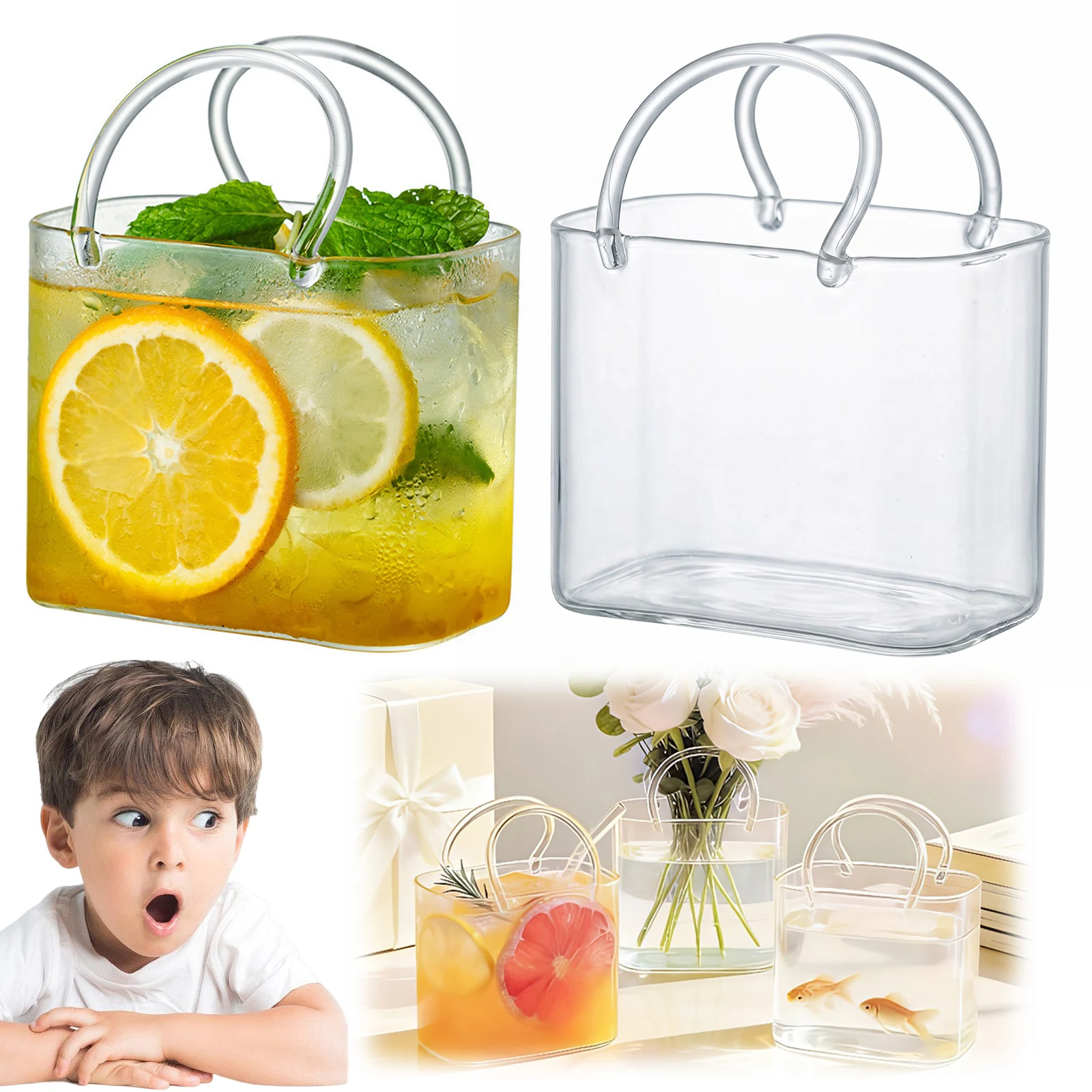 

Glass Purse with Glass Straw Handbag Shape Decorative Flower Vases for Fruit Juice Tea Matcha Coffee Flowers
