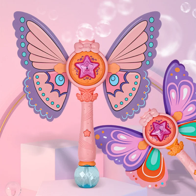 Butterfly Magic Stick Bubble Machine Princess Cute Bubble Hair Dryer Toy Electric Light Magic Wedding Soap Bubble Outdoor Toy