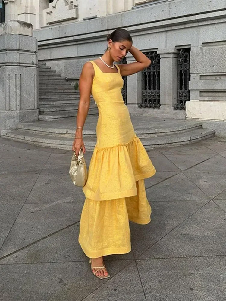 Yellow Bubble Backless Ruffles Layer A-line Dress  Square Neck Hem Sling Long Vestidos Fashion Elegant Evening Party Dresses