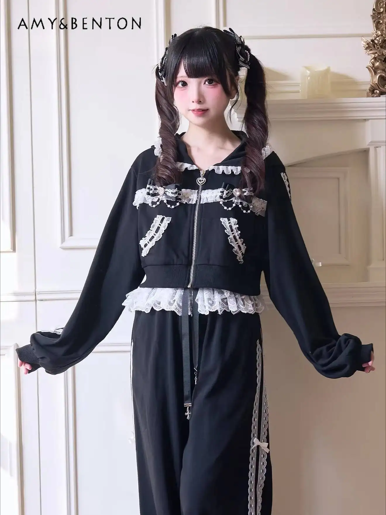 

Mine Sweet Lolita Sports Suit Japanese Mass-produced Subculture Lace Bow Hooded Short Zipper Coat Elastic Waist Skirt Trousers