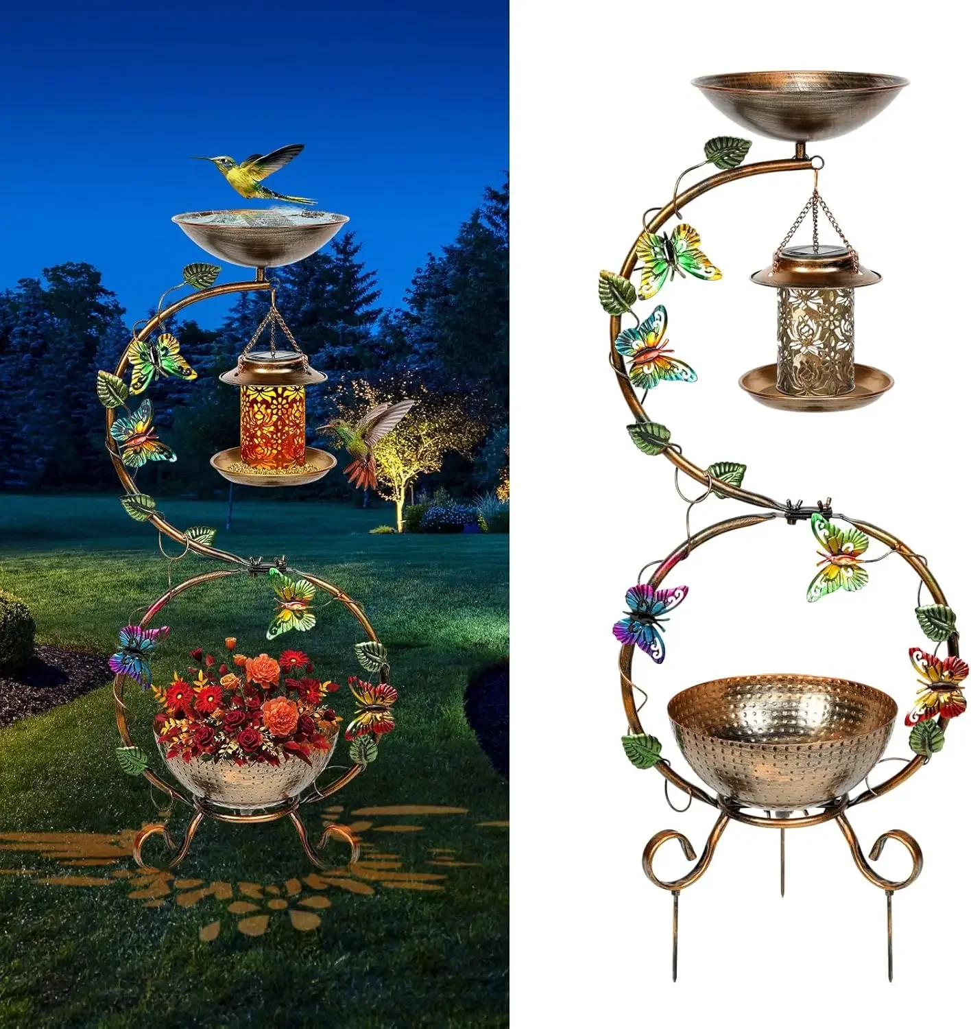 

Солнечная ванна для птиц 3-в-1 с кормушкой и кашпо, металлический декор для сада на открытом воздухе 38 дюймов - водонепроницаемый