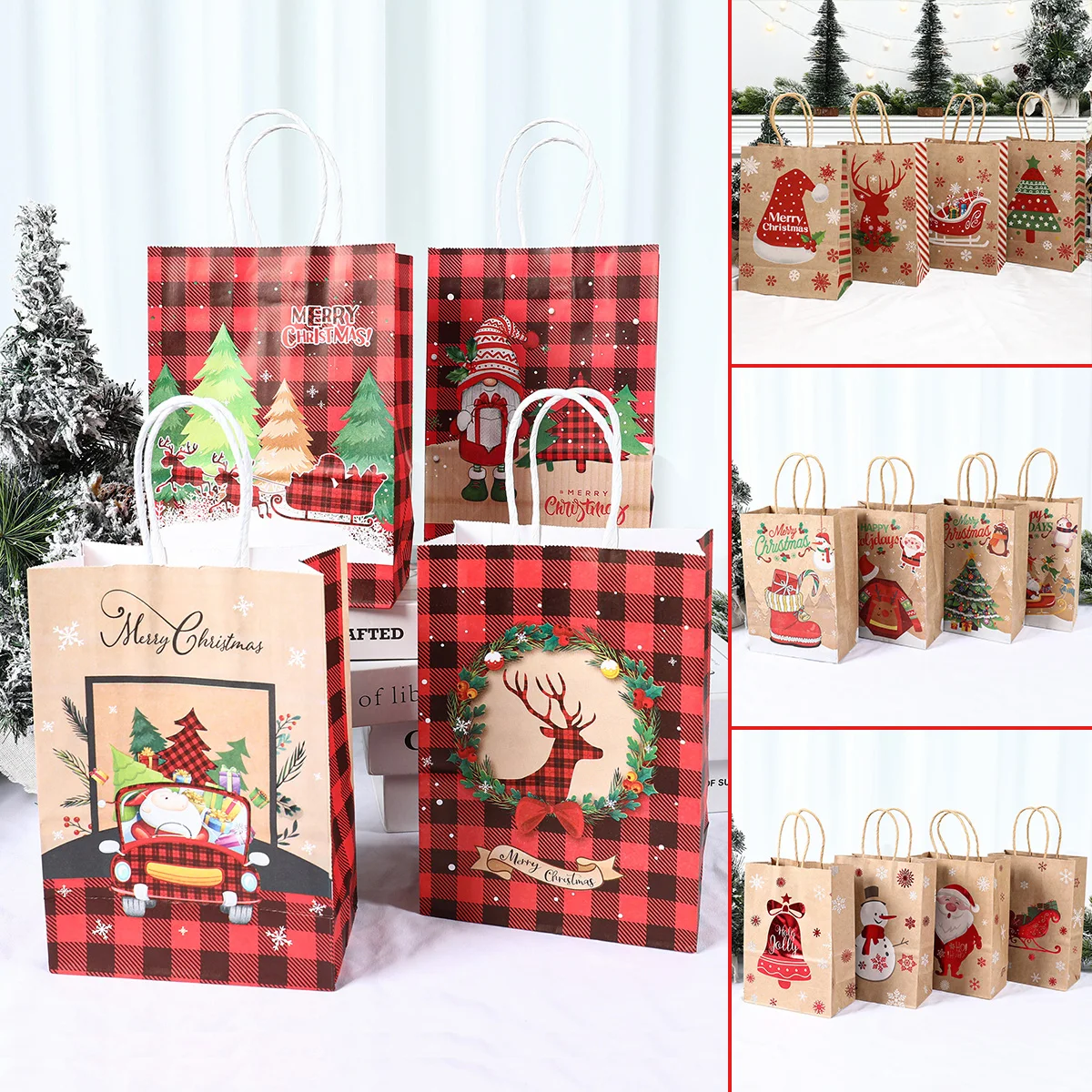 4PCS Christmas Kraft Paper Handbags 2023 Xmas Gifts Bag Merry Christmas Decor For Home Cristmas Navidad New Year Packing Bags