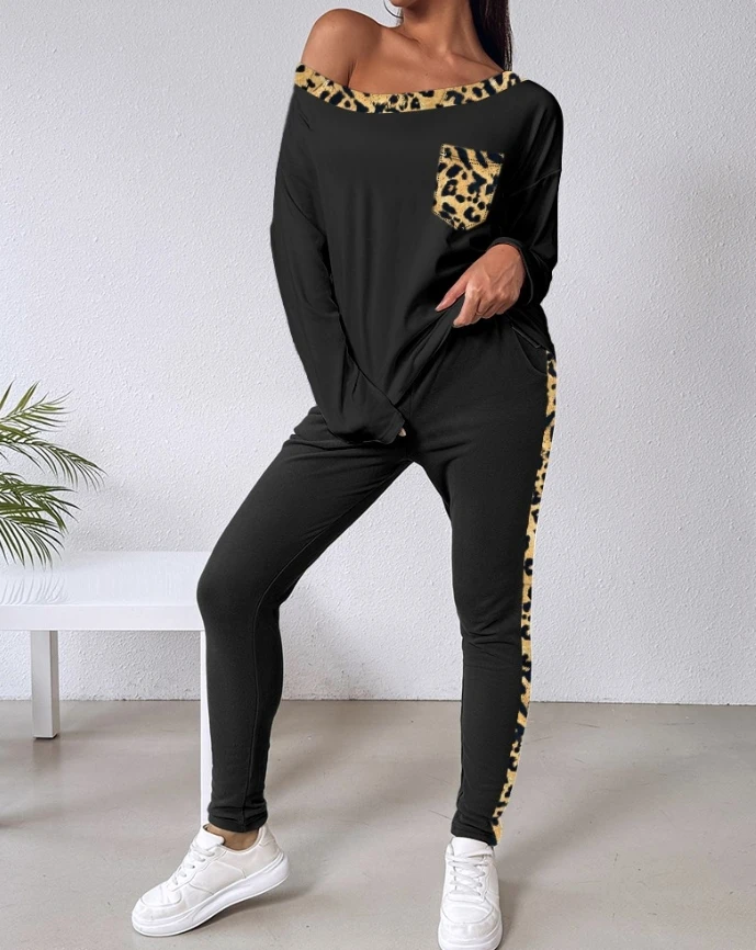 2-piece set of women's clothing 2025 new fashion rhinestone leopard print off shoulder long sleeved top and drawstring leggings