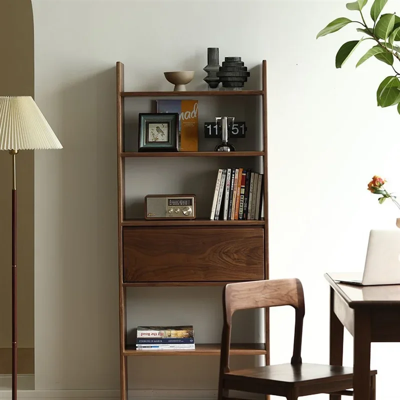 North American black walnut all-solid wood bookshelf, Nordic shelf display, floor-to-ceiling small apartment