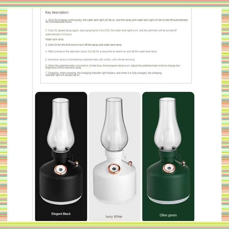 

A97P Retro Coal Oil Lamp Model LED Night Light Mute Mist Maker USB Rechargeable Wireless Mini Air Humidifier For Car Office