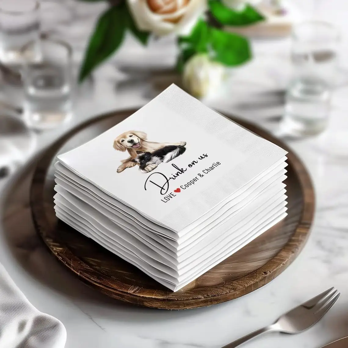 

50 Customized Wedding Napkins — Napkins with Dogs & Cats,Bridal Shower, Engagement Party, Personalized Pet Cocktail Napkins,