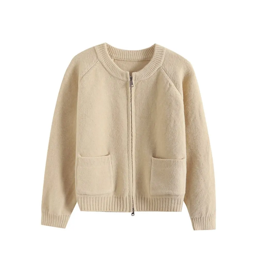 

Women's Korean Style Zipper Sweater round Neck Solid Color Double Pocket Autumn Winter New Fresh Wholesale 00SY-66143