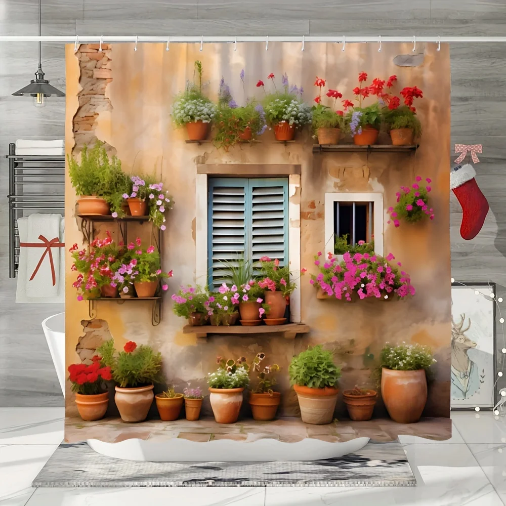 1pc Window Flower Pot Pattern Shower Curtain - Waterproof and Mildew-Resistant with Rust-Proof Hooks for Easy Installation