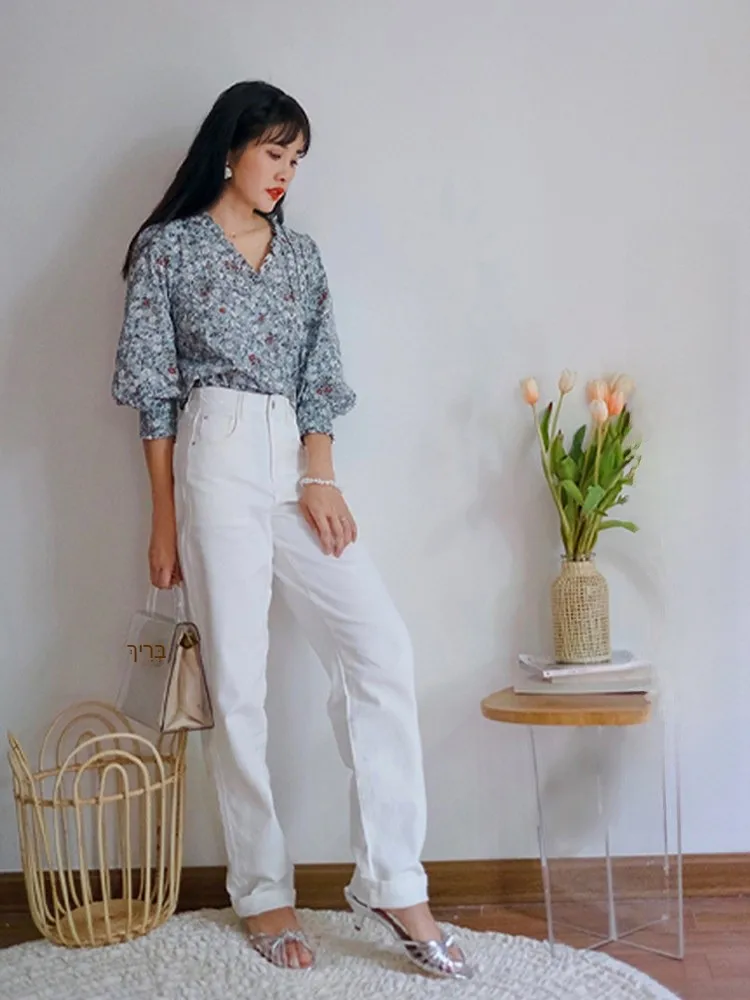 

Elwing Original Spring Elegance White Jeans Women's Loose Wide Leg High Waist Slimming Floor Length Pants