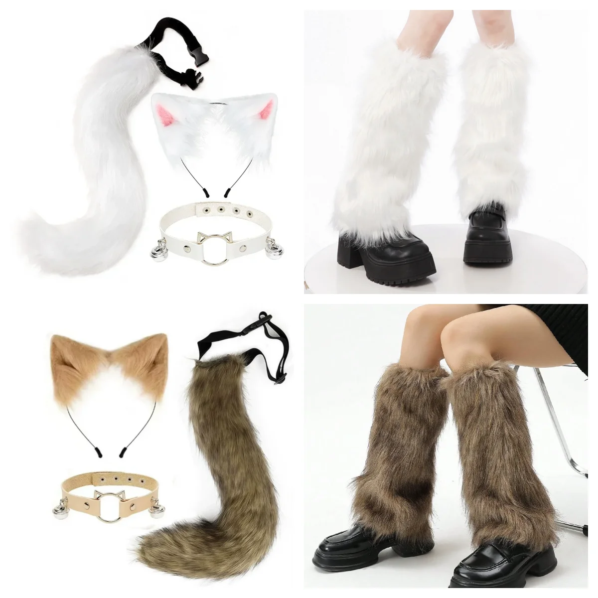 Fox ear headpiece, furry animal headband and tail set, black and white boot set, Halloween party role-playing accessories