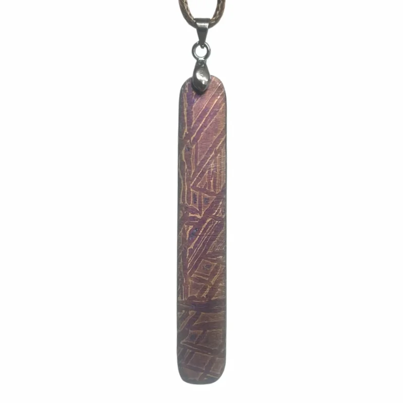 Muonionalusta Iron Meteorite Slim Long Bar Pendant Titanium Color‑Coated Widmanstätten Pattern Braided Cord Necklace LK485