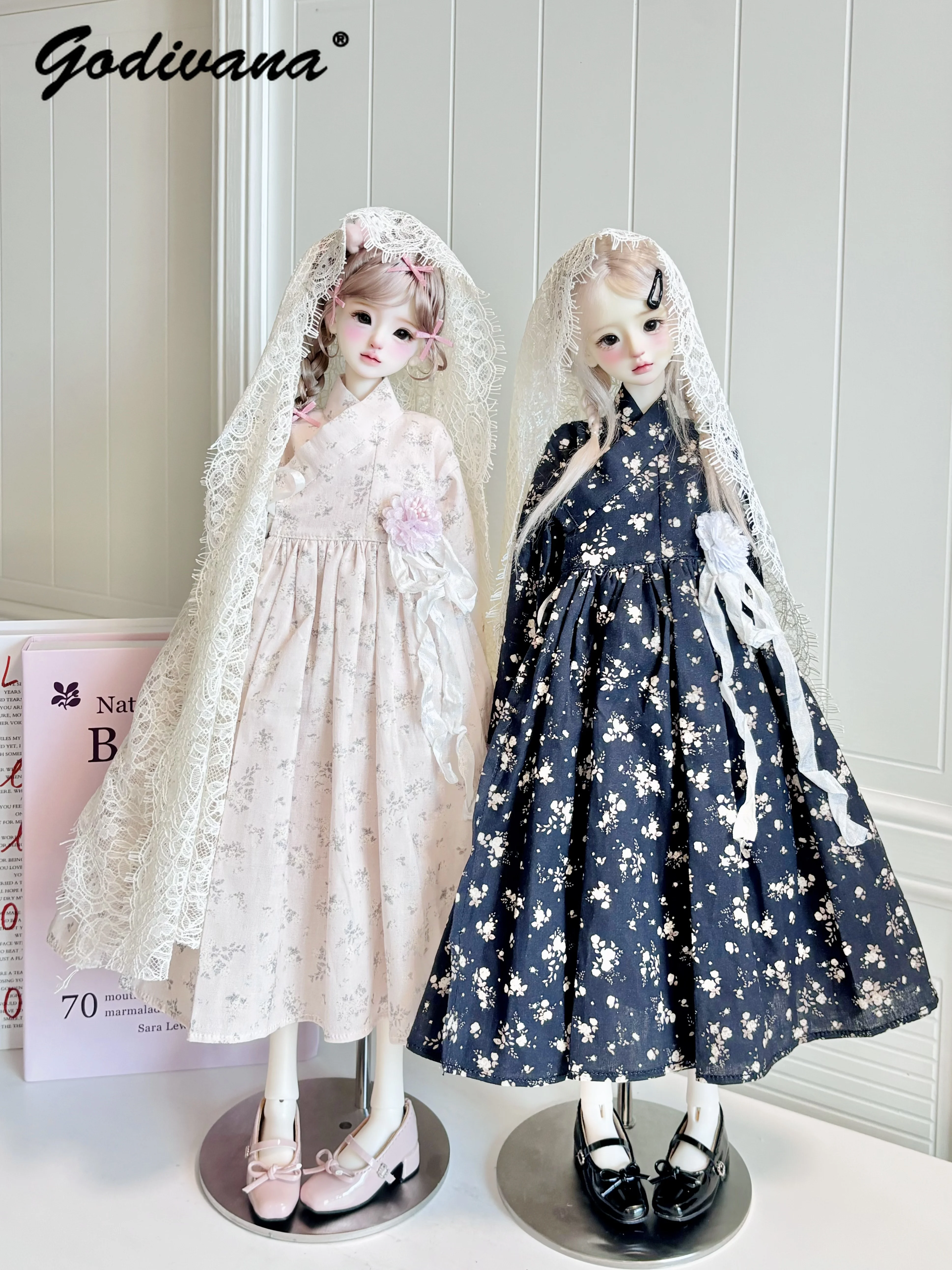 1/4 Bjd Doll Clothes Vintage Navy Floral Print Dress with Lace 3D Rose Long‑Sleeve Chinese Ming‑Style Doll Maxi Dress for BJD