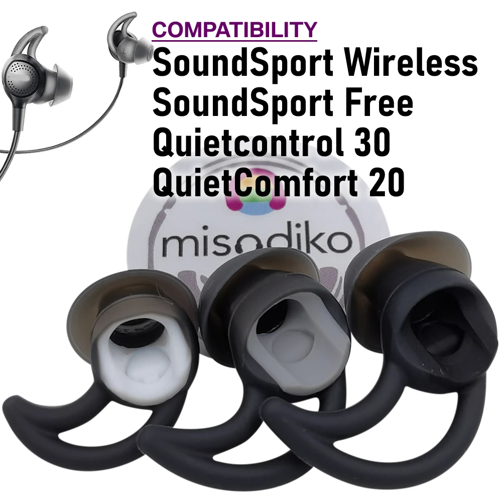 

misodiko Silicone Earbuds Tips Replacement for Bose SoundSport Wireless/ Free, Quietcontrol 30, QuietComfort 20 (Black, 2-Pairs)