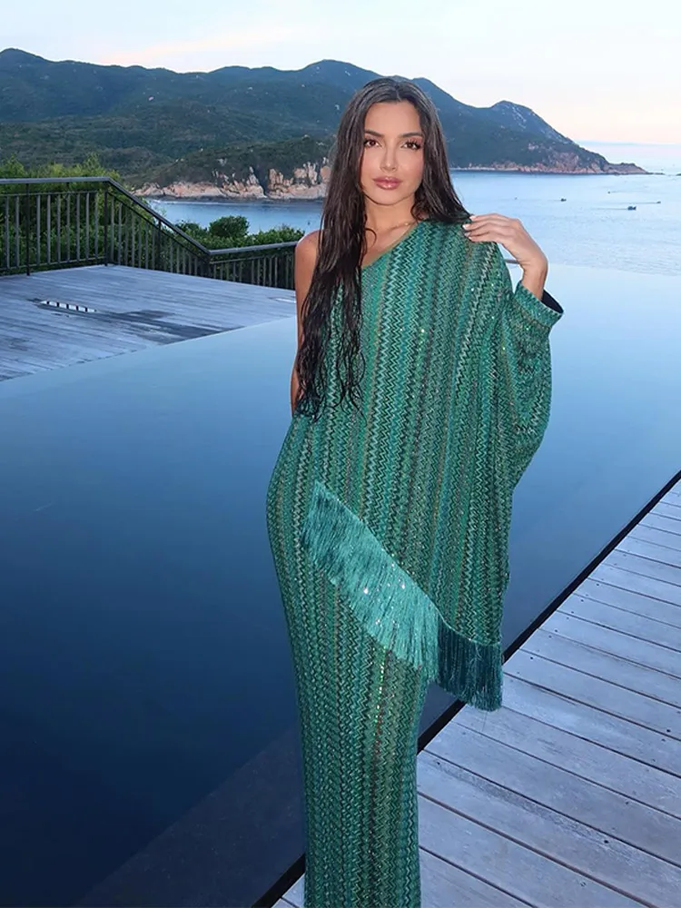 Boho Tassel Striped Women's Long Dress One-shoulder Scarf Collar Asymmetrical Robe 2025 Summer Fringed Integrated Loose Dresses
