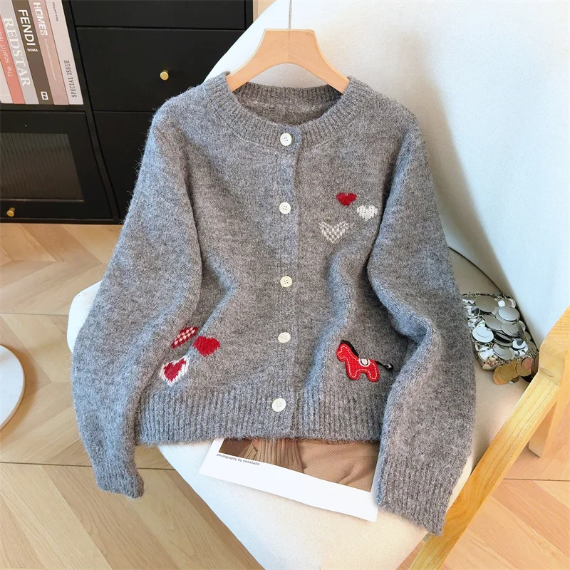 

Women's Jacquard Cardigan - Korean Style Love Heart Pattern Long Sleeve Knit Spring 2026 Casual Open Front Coat