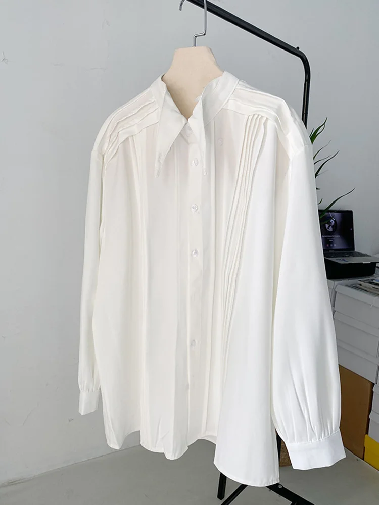 [EAM] Women White Pleated Big Size Elegant Blouse New Lapel Long Sleeve Loose Fit Shirt Fashion Tide Spring Autumn 2024 1DF0359