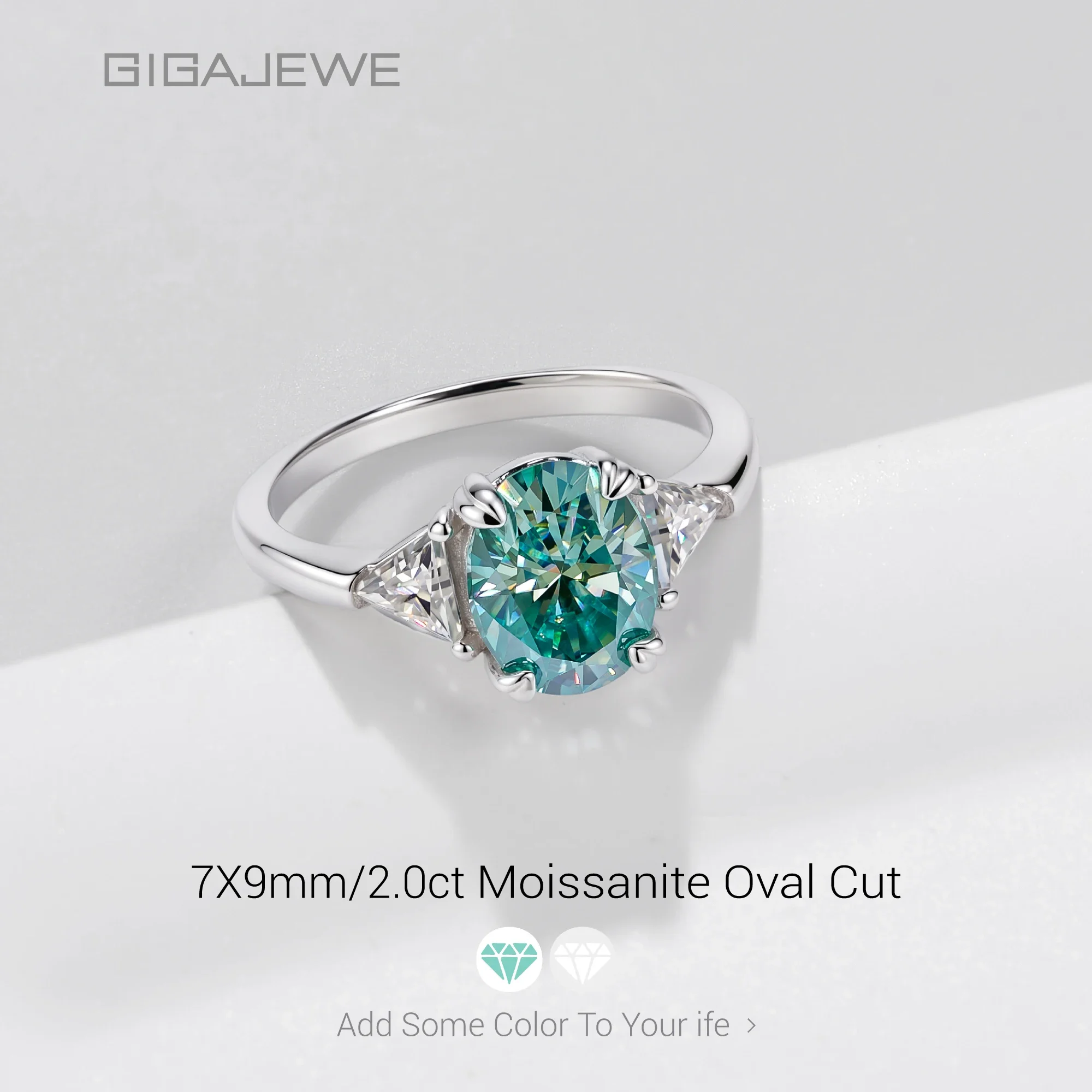 GIGAJEWE Cyan 2.0CT Oval Cut Moissanite Ring with Triangle Side Stones 925 Sterling Silver 18K White Gold Plated