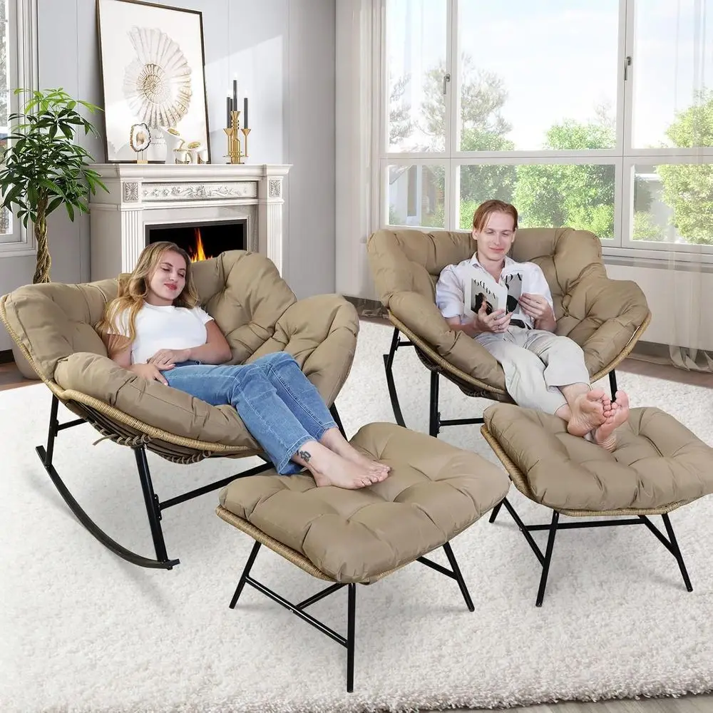 

Oversized Outdoor Rocking Egg Chair Set with Ottomans, Brown Cushioned Wicker Double Papasan Lounger, 450 lbs Capacity for Patio