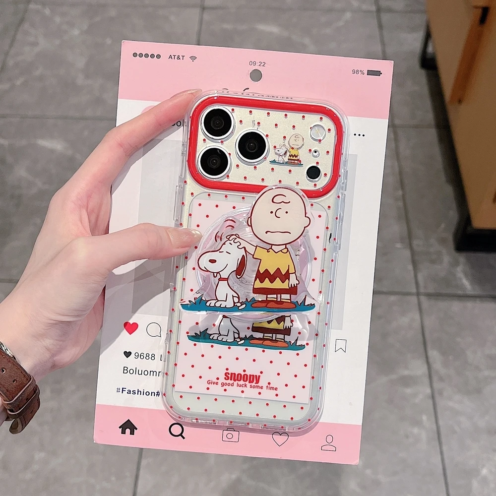 Cute Cartoon Snoopy Charlie Brown Magnetic Holder Magsafe Wireless Charge Phone Case For iPhone 18 17 16 15 Pro Max Hard Cover view 2