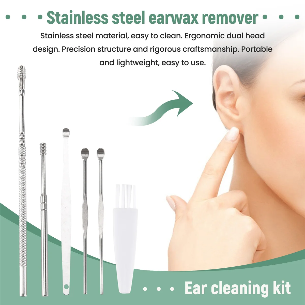 Set di 6 raccoglitori per le orecchie in acciaio inossidabile Earpick cerume Curette Remover Spoon Spiral Ear Clean Tool con custodia