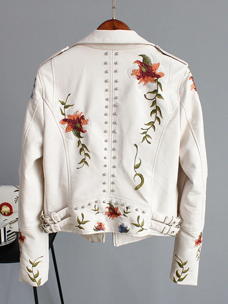 Floral Print Embroidered Faux Soft Leather Jacket Women\'s Pu Motorcycle Jacket Women\'s Black Punk Studded Jacket For Women