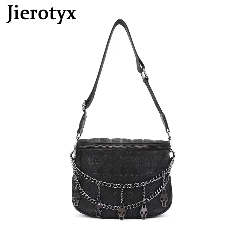 JIEROTYX Studded Skull Bag for Women Vegan Leather Punk Rock Rivet Bag Shoulder Bag with Chain Black Leather Wallet Purse