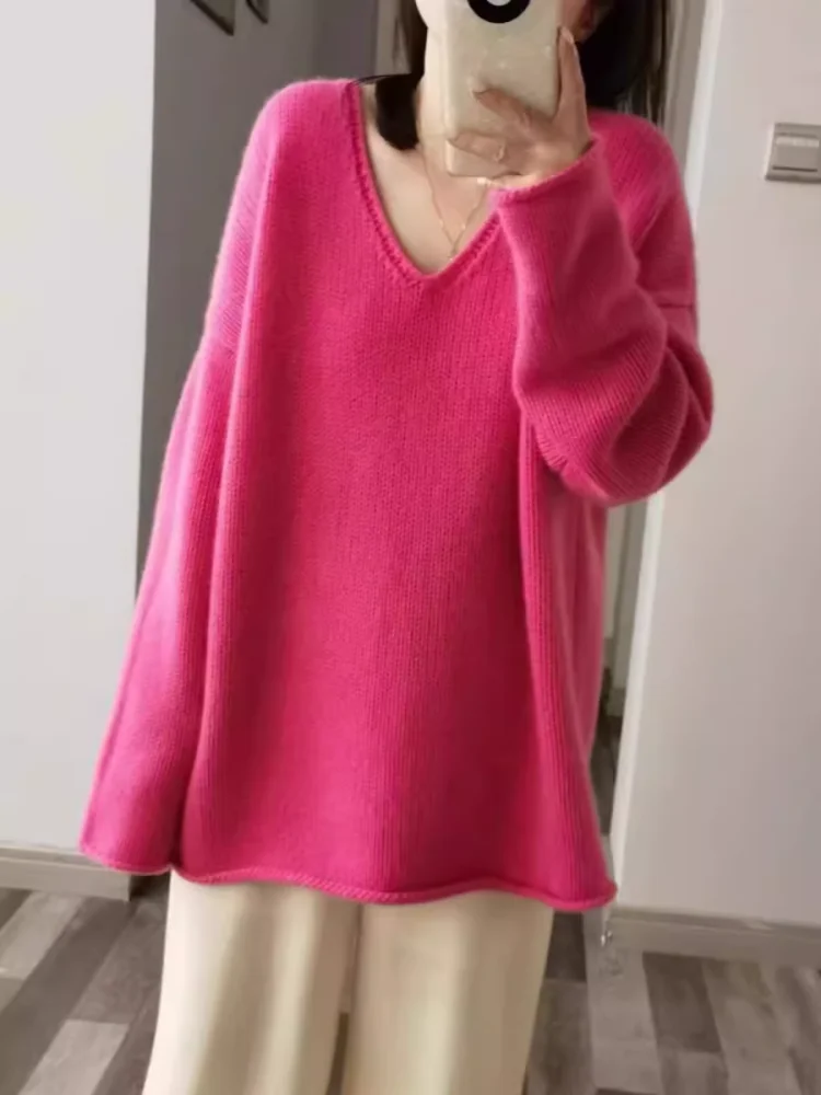 100% Pure Wool Loose V-neck Sweater Autumn Winter New Knitted Pullover Casual Fashion Korean Version Medium Long Tops Large Size