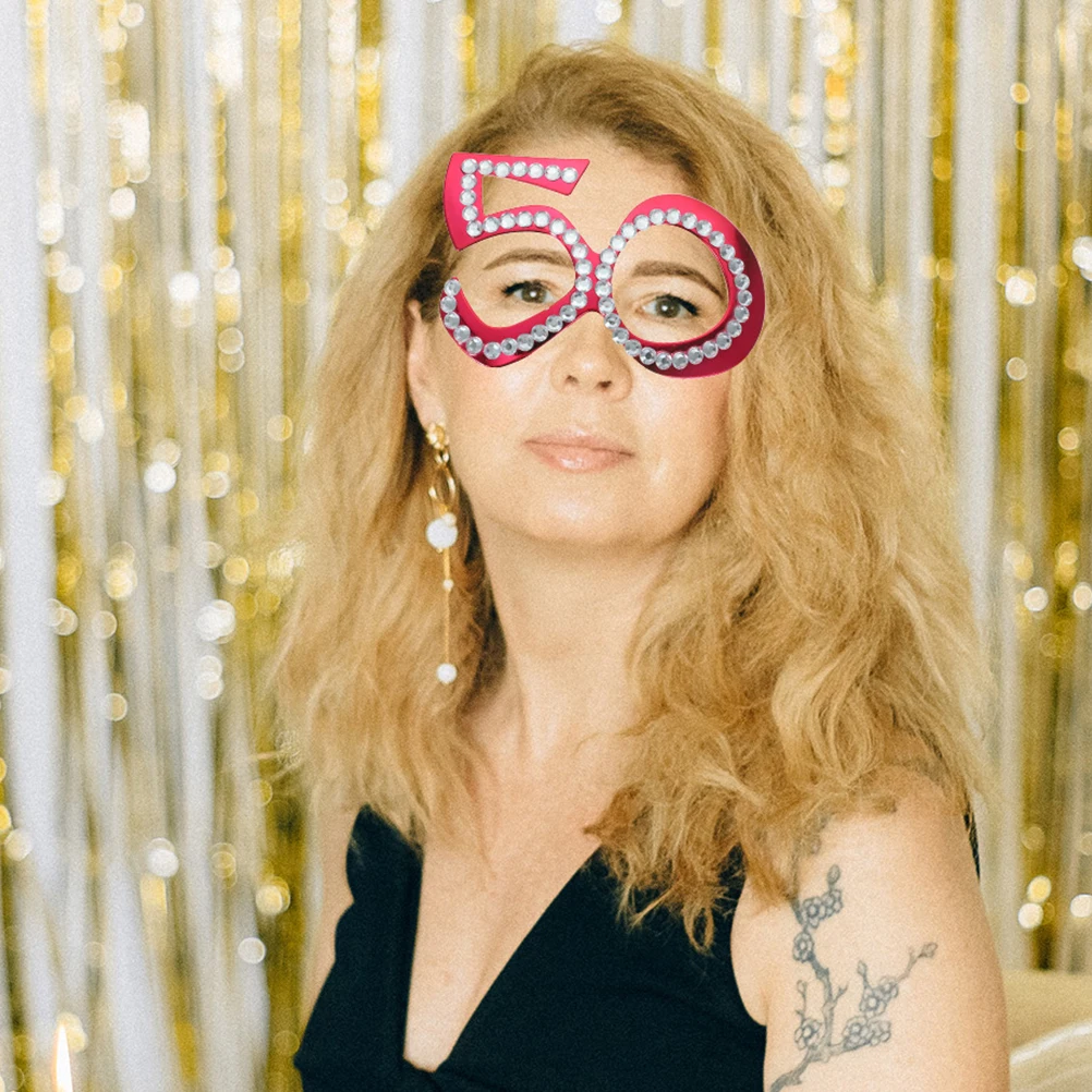

50th Birthday Glasses Plastic Rhinestone Number Shaped Eyewear Party Photo Props for Adults Lightweight Comfortable Novelty