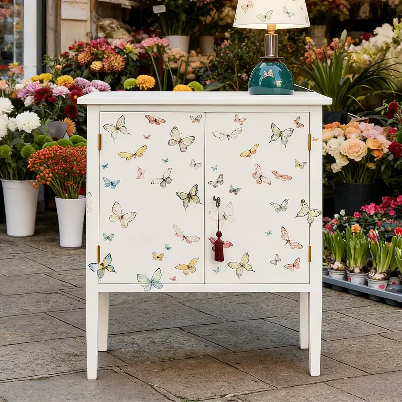 White Double Door Entrance Cabinet with Butterfly Print Decorative Storage Locker for Home Living Room Entry Foyer