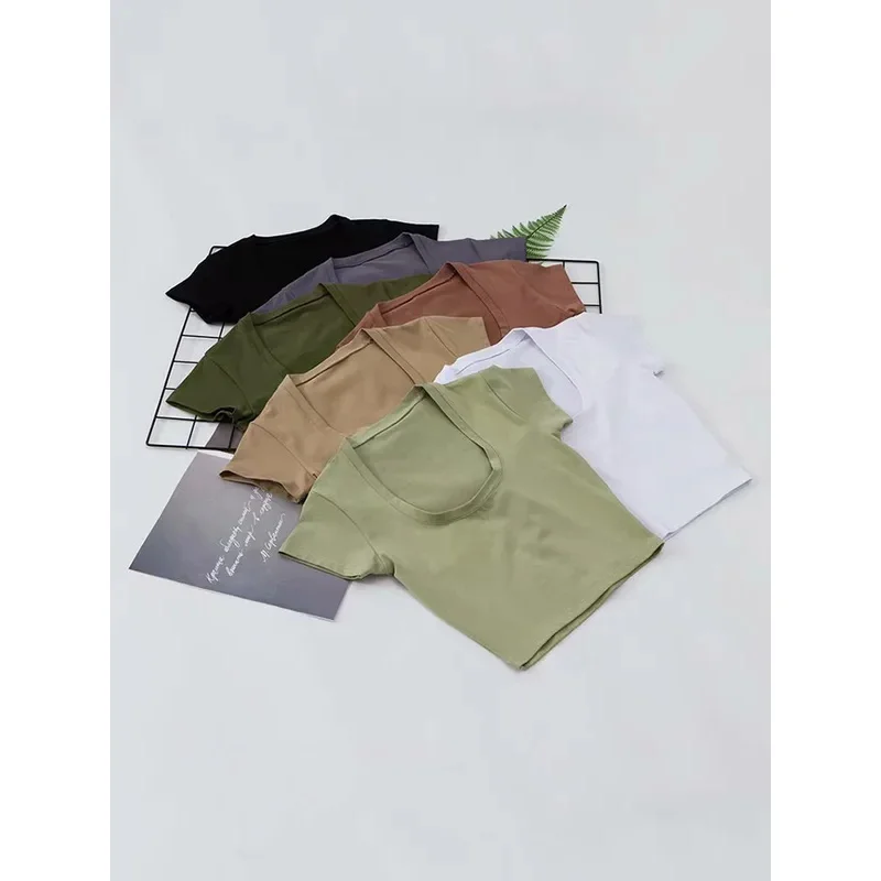 

Bonny U-Neck Crop Top Solid Color Women Casual High Waist T Shirt Basic Sexy Streetwear Short Sleeve Slimming