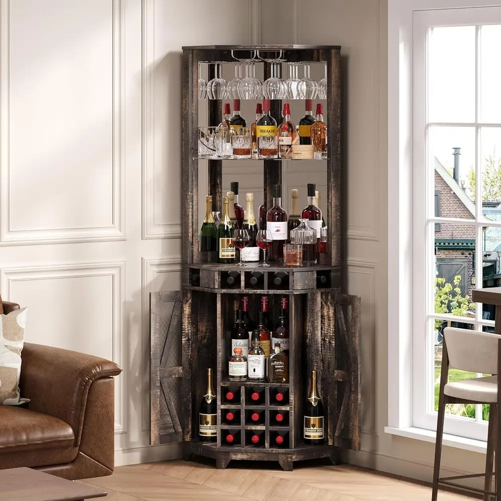 

72 Walnut Armhouse Wine Cabinet with Barn Door, Acrylic Mirror, and Glass Rack for Home Bar or Dining Area
