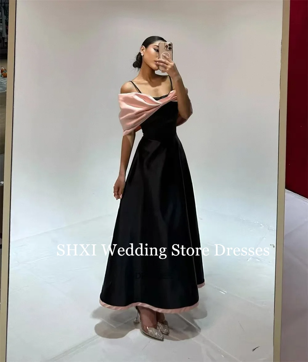 SHXI Semplice Nero Rosa Una Linea Abiti da ballo Personalizzato Senza Spalline Off Spalla Abito da Sera Del Partito Abiti da festa in Raso