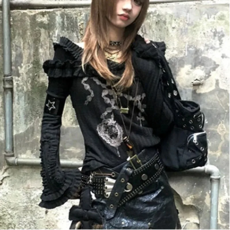 

Design Vintage Harajuku Black Tops Women Long Sleeve Subcultural Punk Knit Sweater Gothic Japanese Pullover Female Elegant Y2k
