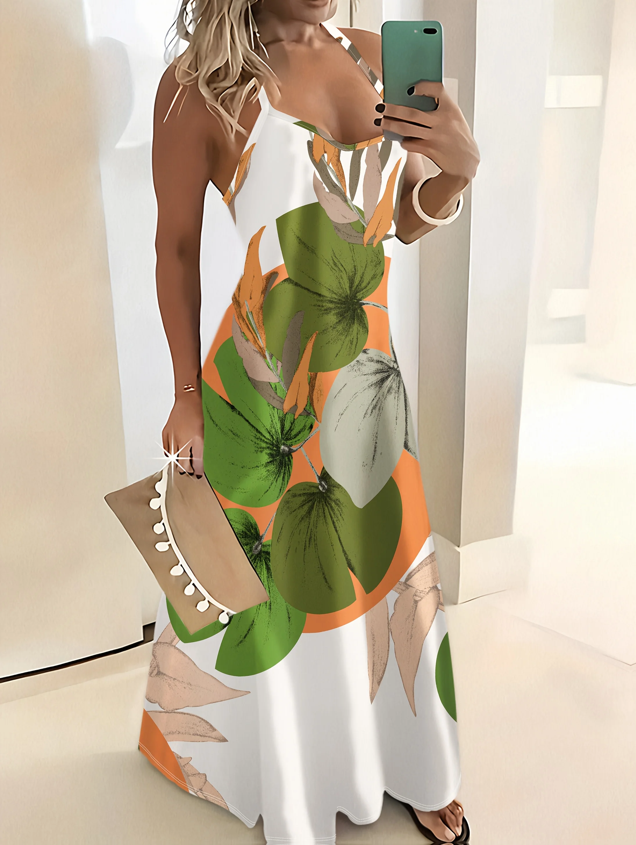 Printed Design Green Orange Beige Abstract Leaves White Spaghetti Strap Maxi Dress